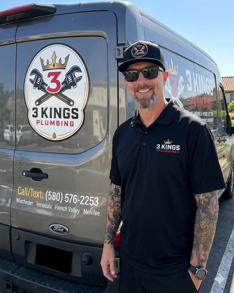 3 Kings Plumbing owner standing next to company van — serving Winchester, Temecula, French Valley, Menifee, Murrieta